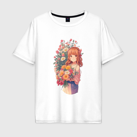 Мужская футболка хлопок Oversize с принтом Девушка в стиле аниме с цветами в Санкт-Петербурге, 100% хлопок | свободный крой, круглый ворот, “спинка” длиннее передней части | 
