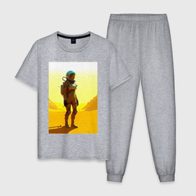 Мужская пижама хлопок с принтом Девушка астронавт в пустыне   нейросеть , 100% хлопок | брюки и футболка прямого кроя, без карманов, на брюках мягкая резинка на поясе и по низу штанин
 | Тематика изображения на принте: 