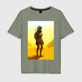 Мужская футболка хлопок Oversize с принтом Девушка астронавт в пустыне   нейросеть в Санкт-Петербурге, 100% хлопок | свободный крой, круглый ворот, “спинка” длиннее передней части | 