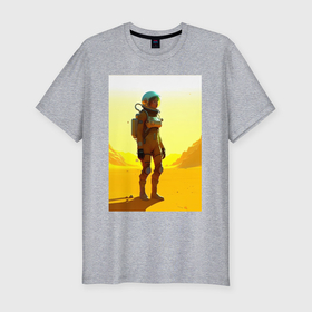 Мужская футболка хлопок Slim с принтом Девушка астронавт в пустыне   нейросеть в Тюмени, 92% хлопок, 8% лайкра | приталенный силуэт, круглый вырез ворота, длина до линии бедра, короткий рукав | 