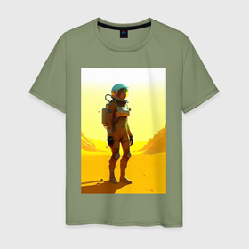 Мужская футболка хлопок с принтом Девушка астронавт в пустыне   нейросеть в Екатеринбурге, 100% хлопок | прямой крой, круглый вырез горловины, длина до линии бедер, слегка спущенное плечо. | Тематика изображения на принте: 
