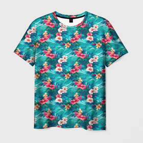 Мужская футболка 3D с принтом Тропические    цветы в Тюмени, 100% полиэфир | прямой крой, круглый вырез горловины, длина до линии бедер | 