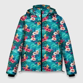 Мужская зимняя куртка 3D с принтом Тропические    цветы в Санкт-Петербурге, верх — 100% полиэстер; подкладка — 100% полиэстер; утеплитель — 100% полиэстер | длина ниже бедра, свободный силуэт Оверсайз. Есть воротник-стойка, отстегивающийся капюшон и ветрозащитная планка. 

Боковые карманы с листочкой на кнопках и внутренний карман на молнии. | 