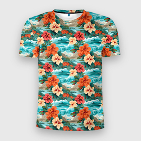 Мужская футболка 3D Slim с принтом Гавайские    цветы в Курске, 100% полиэстер с улучшенными характеристиками | приталенный силуэт, круглая горловина, широкие плечи, сужается к линии бедра | 