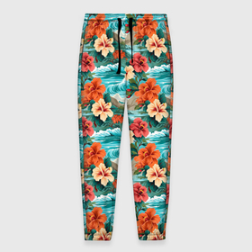 Мужские брюки 3D с принтом Гавайские    цветы в Петрозаводске, 100% полиэстер | манжеты по низу, эластичный пояс регулируется шнурком, по бокам два кармана без застежек, внутренняя часть кармана из мелкой сетки | 