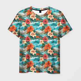 Мужская футболка 3D с принтом Гавайские    цветы в Курске, 100% полиэфир | прямой крой, круглый вырез горловины, длина до линии бедер | Тематика изображения на принте: 