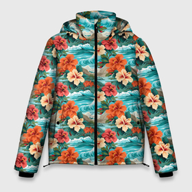 Мужская зимняя куртка 3D с принтом Гавайские    цветы в Белгороде, верх — 100% полиэстер; подкладка — 100% полиэстер; утеплитель — 100% полиэстер | длина ниже бедра, свободный силуэт Оверсайз. Есть воротник-стойка, отстегивающийся капюшон и ветрозащитная планка. 

Боковые карманы с листочкой на кнопках и внутренний карман на молнии. | 