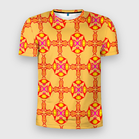 Мужская футболка 3D Slim с принтом Желто оранжевый мотив в Тюмени, 100% полиэстер с улучшенными характеристиками | приталенный силуэт, круглая горловина, широкие плечи, сужается к линии бедра | 