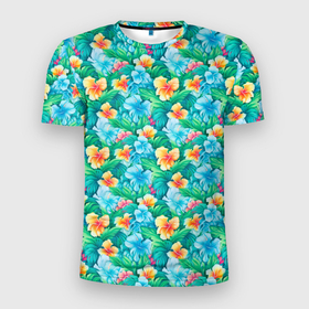 Мужская футболка 3D Slim с принтом Паттерн летние цветы в Петрозаводске, 100% полиэстер с улучшенными характеристиками | приталенный силуэт, круглая горловина, широкие плечи, сужается к линии бедра | 