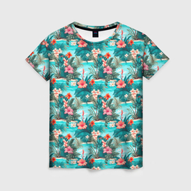 Женская футболка 3D с принтом Гавайские летние цветы в Санкт-Петербурге, 100% полиэфир ( синтетическое хлопкоподобное полотно) | прямой крой, круглый вырез горловины, длина до линии бедер | 
