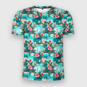 Мужская футболка 3D Slim с принтом Гавайские летние цветы в Курске, 100% полиэстер с улучшенными характеристиками | приталенный силуэт, круглая горловина, широкие плечи, сужается к линии бедра | 
