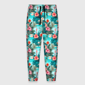 Мужские брюки 3D с принтом Гавайские летние цветы в Петрозаводске, 100% полиэстер | манжеты по низу, эластичный пояс регулируется шнурком, по бокам два кармана без застежек, внутренняя часть кармана из мелкой сетки | 