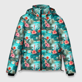 Мужская зимняя куртка 3D с принтом Гавайские летние цветы в Белгороде, верх — 100% полиэстер; подкладка — 100% полиэстер; утеплитель — 100% полиэстер | длина ниже бедра, свободный силуэт Оверсайз. Есть воротник-стойка, отстегивающийся капюшон и ветрозащитная планка. 

Боковые карманы с листочкой на кнопках и внутренний карман на молнии. | 