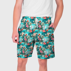 Мужские шорты 3D с принтом Гавайские летние цветы в Новосибирске,  полиэстер 100% | прямой крой, два кармана без застежек по бокам. Мягкая трикотажная резинка на поясе, внутри которой широкие завязки. Длина чуть выше колен | Тематика изображения на принте: 