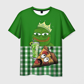 Мужская футболка 3D с принтом Pepe King with pizza в Курске, 100% полиэфир | прямой крой, круглый вырез горловины, длина до линии бедер | Тематика изображения на принте: 