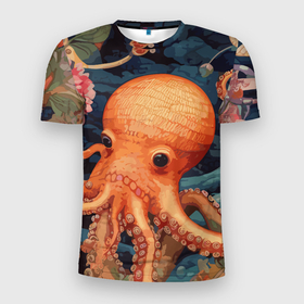 Мужская футболка 3D Slim с принтом Осьминог и подводный мир в Курске, 100% полиэстер с улучшенными характеристиками | приталенный силуэт, круглая горловина, широкие плечи, сужается к линии бедра | 