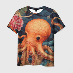 Мужская футболка 3D с принтом Осьминог и подводный мир в Курске, 100% полиэфир | прямой крой, круглый вырез горловины, длина до линии бедер | 
