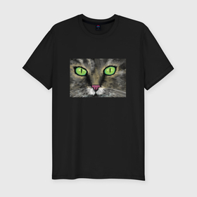Мужская футболка хлопок Slim с принтом Зеленоглазый кот в Екатеринбурге, 92% хлопок, 8% лайкра | приталенный силуэт, круглый вырез ворота, длина до линии бедра, короткий рукав | 