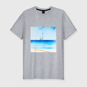 Мужская футболка хлопок Slim с принтом Парусник в море в Тюмени, 92% хлопок, 8% лайкра | приталенный силуэт, круглый вырез ворота, длина до линии бедра, короткий рукав | 