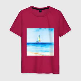 Мужская футболка хлопок с принтом Парусник в море в Курске, 100% хлопок | прямой крой, круглый вырез горловины, длина до линии бедер, слегка спущенное плечо. | 