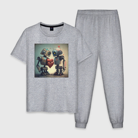 Мужская пижама хлопок с принтом Два робота с сердцем в Кировске, 100% хлопок | брюки и футболка прямого кроя, без карманов, на брюках мягкая резинка на поясе и по низу штанин
 | 