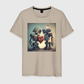 Мужская футболка хлопок с принтом Два робота с сердцем , 100% хлопок | прямой крой, круглый вырез горловины, длина до линии бедер, слегка спущенное плечо. | 