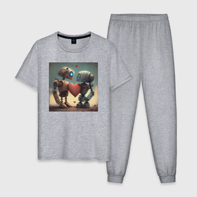 Мужская пижама хлопок с принтом Сердце и роботы в Кировске, 100% хлопок | брюки и футболка прямого кроя, без карманов, на брюках мягкая резинка на поясе и по низу штанин
 | 