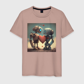 Мужская футболка хлопок с принтом Сердце и роботы , 100% хлопок | прямой крой, круглый вырез горловины, длина до линии бедер, слегка спущенное плечо. | 