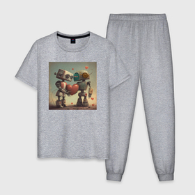 Мужская пижама хлопок с принтом Роботы с сердцем в Кировске, 100% хлопок | брюки и футболка прямого кроя, без карманов, на брюках мягкая резинка на поясе и по низу штанин
 | 