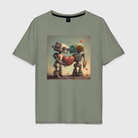 Мужская футболка хлопок Oversize с принтом Роботы с сердцем в Кировске, 100% хлопок | свободный крой, круглый ворот, “спинка” длиннее передней части | 