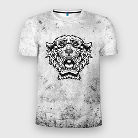 Мужская футболка 3D Slim с принтом Черно белый яростный тигр в Белгороде, 100% полиэстер с улучшенными характеристиками | приталенный силуэт, круглая горловина, широкие плечи, сужается к линии бедра | 