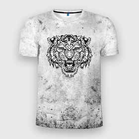 Мужская футболка 3D Slim с принтом Черно белый злой тигр в Белгороде, 100% полиэстер с улучшенными характеристиками | приталенный силуэт, круглая горловина, широкие плечи, сужается к линии бедра | 