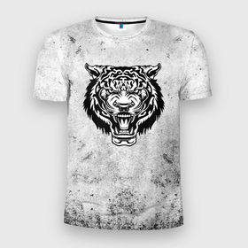 Мужская футболка 3D Slim с принтом Черно белый разозленный тигр в Белгороде, 100% полиэстер с улучшенными характеристиками | приталенный силуэт, круглая горловина, широкие плечи, сужается к линии бедра | Тематика изображения на принте: 