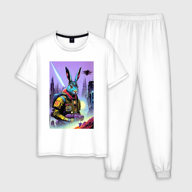 Мужская пижама хлопок с принтом Brave hare   cyberpunk   neural network в Екатеринбурге, 100% хлопок | брюки и футболка прямого кроя, без карманов, на брюках мягкая резинка на поясе и по низу штанин
 | 