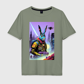 Мужская футболка хлопок Oversize с принтом Brave hare   cyberpunk   neural network , 100% хлопок | свободный крой, круглый ворот, “спинка” длиннее передней части | 