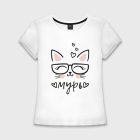 Женская футболка хлопок Slim с принтом Кошка в очках мурь в Санкт-Петербурге,  |  | 