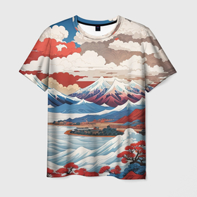 Мужская футболка 3D с принтом Пейзаж в Японском стиле в Курске, 100% полиэфир | прямой крой, круглый вырез горловины, длина до линии бедер | 
