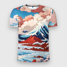 Мужская футболка 3D Slim с принтом Пейзаж в Японском ретро стиле в Санкт-Петербурге, 100% полиэстер с улучшенными характеристиками | приталенный силуэт, круглая горловина, широкие плечи, сужается к линии бедра | 