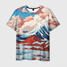 Мужская футболка 3D с принтом Пейзаж в Японском ретро стиле в Курске, 100% полиэфир | прямой крой, круглый вырез горловины, длина до линии бедер | 