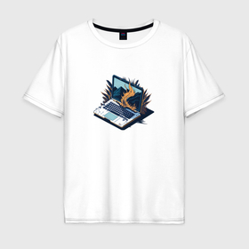 Мужская футболка хлопок Oversize с принтом Пылающий ноутбук в Екатеринбурге, 100% хлопок | свободный крой, круглый ворот, “спинка” длиннее передней части | 