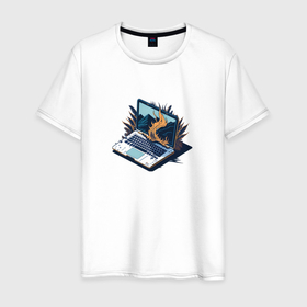 Мужская футболка хлопок с принтом Пылающий ноутбук в Кировске, 100% хлопок | прямой крой, круглый вырез горловины, длина до линии бедер, слегка спущенное плечо. | 