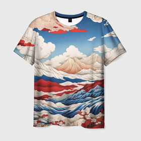 Мужская футболка 3D с принтом Японский ретро пейзаж в Курске, 100% полиэфир | прямой крой, круглый вырез горловины, длина до линии бедер | 