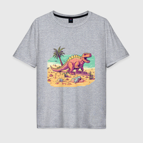 Мужская футболка хлопок Oversize с принтом Динозавр на пляже в Петрозаводске, 100% хлопок | свободный крой, круглый ворот, “спинка” длиннее передней части | 