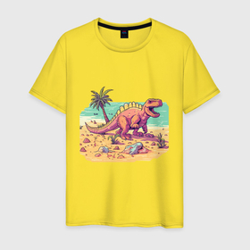 Мужская футболка хлопок с принтом Динозавр на пляже в Петрозаводске, 100% хлопок | прямой крой, круглый вырез горловины, длина до линии бедер, слегка спущенное плечо. | 