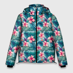 Мужская зимняя куртка 3D с принтом Гавайские  летние цветы в Белгороде, верх — 100% полиэстер; подкладка — 100% полиэстер; утеплитель — 100% полиэстер | длина ниже бедра, свободный силуэт Оверсайз. Есть воротник-стойка, отстегивающийся капюшон и ветрозащитная планка. 

Боковые карманы с листочкой на кнопках и внутренний карман на молнии. | 