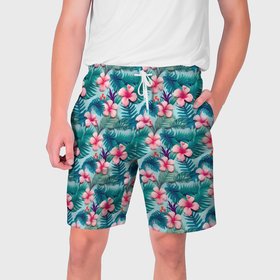 Мужские шорты 3D с принтом Гавайские  летние цветы в Новосибирске,  полиэстер 100% | прямой крой, два кармана без застежек по бокам. Мягкая трикотажная резинка на поясе, внутри которой широкие завязки. Длина чуть выше колен | Тематика изображения на принте: 