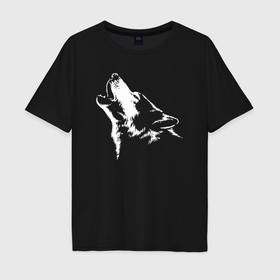Мужская футболка хлопок Oversize с принтом Волк воет wolf howls , 100% хлопок | свободный крой, круглый ворот, “спинка” длиннее передней части | 