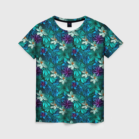 Женская футболка 3D с принтом Синие  объемные цветы в Кировске, 100% полиэфир ( синтетическое хлопкоподобное полотно) | прямой крой, круглый вырез горловины, длина до линии бедер | 