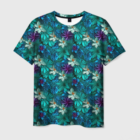 Мужская футболка 3D с принтом Синие  объемные цветы в Тюмени, 100% полиэфир | прямой крой, круглый вырез горловины, длина до линии бедер | 