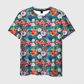 Мужская футболка 3D с принтом Объемные гавайские цветочки в Курске, 100% полиэфир | прямой крой, круглый вырез горловины, длина до линии бедер | Тематика изображения на принте: 